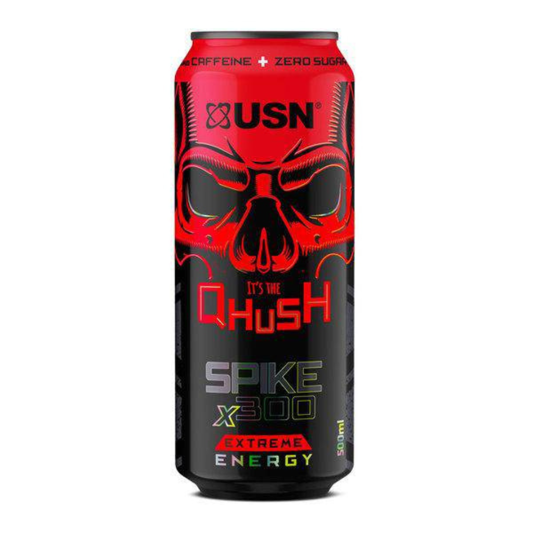 USN Qhush Energy 500ml assorted flavour energy drink cans.