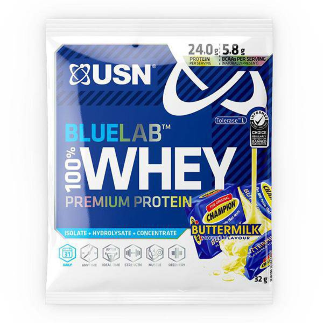 BlueLab 100% Whey Chocolate Wafer 32g protein sachet.