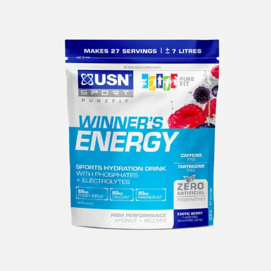 USN Winner’s Ener-G Exotic Berry 500g sports hydration drink pouch.